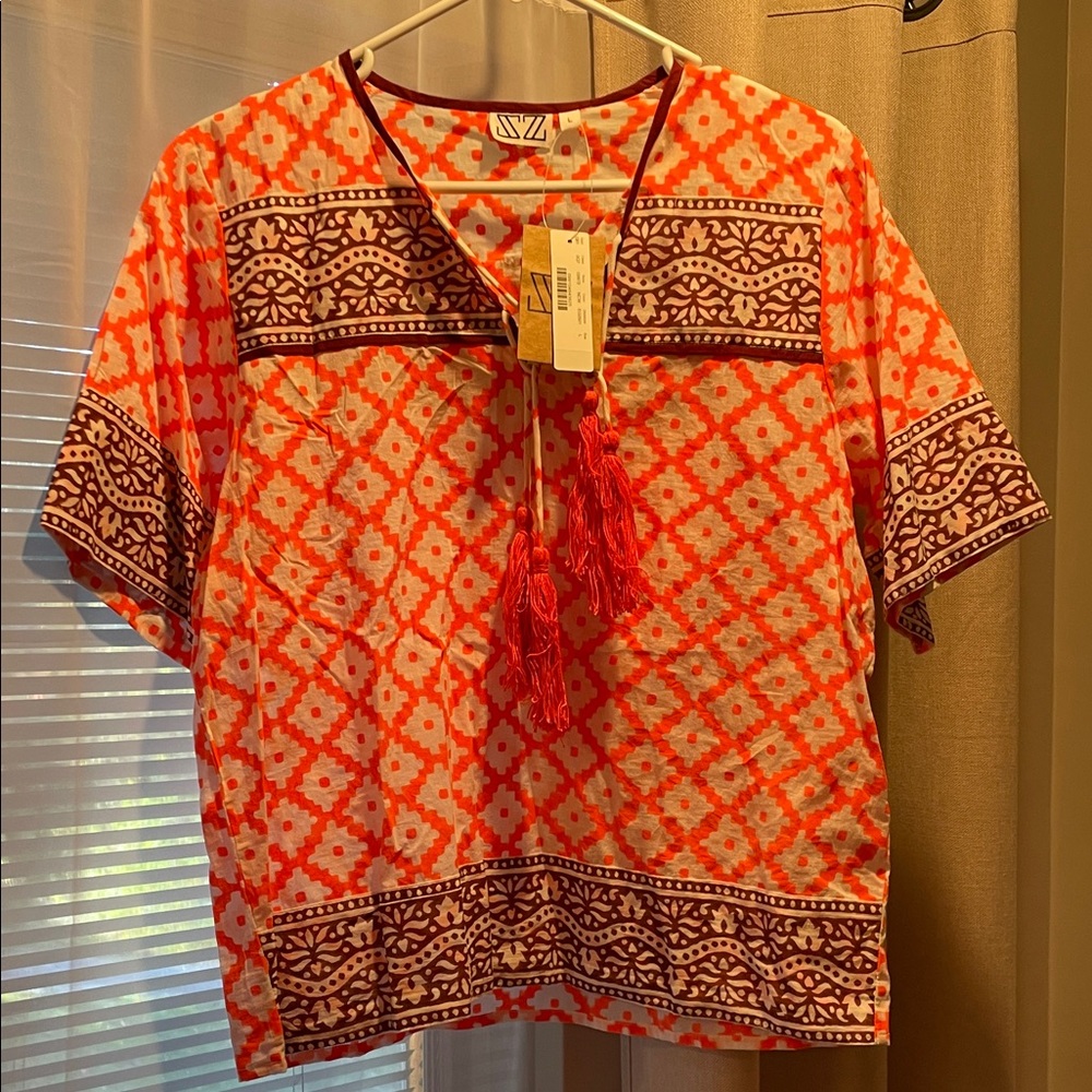 Sz blockprints for j crew Vibrant Orange Patterned Women's Top large bnwt